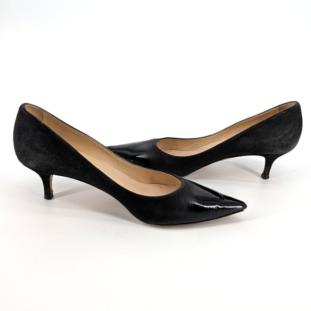 Jimmy Choo Black Suede Patent Leather Kitten Heel Pointed Toe Pumps Size 37.5 - Picture 4 of 7